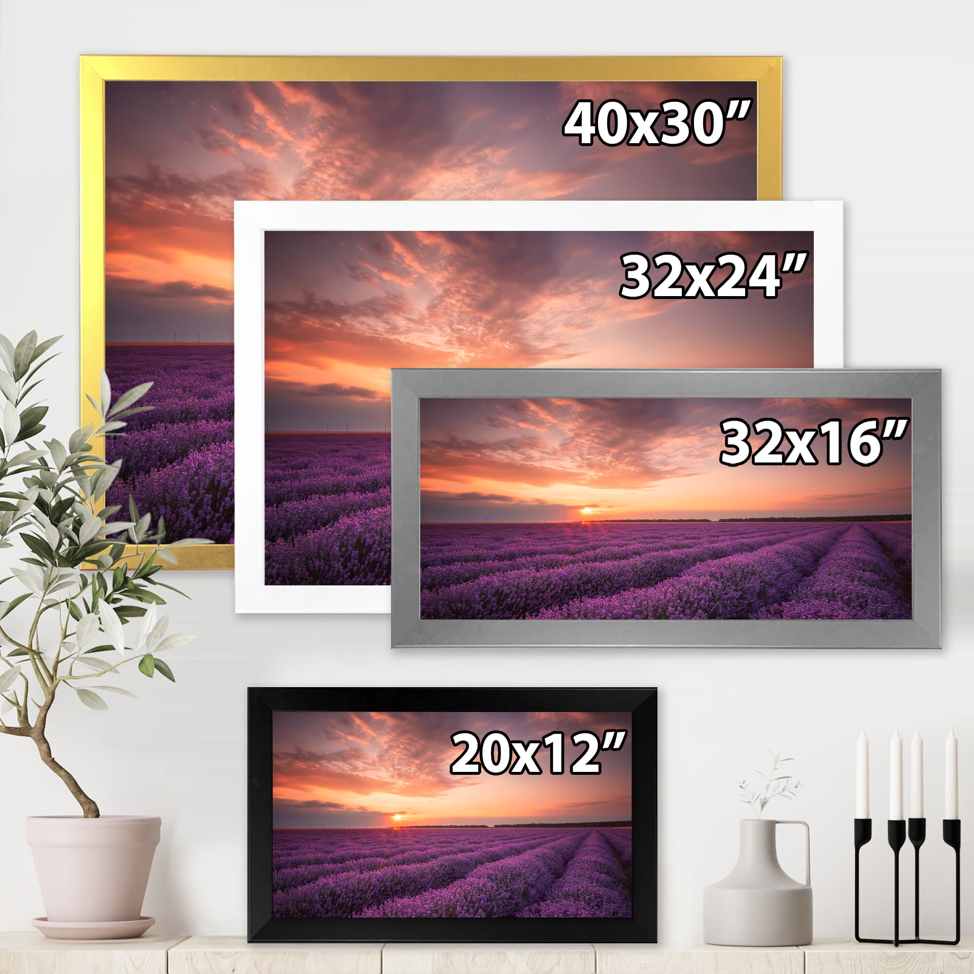 Designart 'Dramatic Clouds and Sunrise Over Lavender Field XII' Farmhouse Framed Art Print