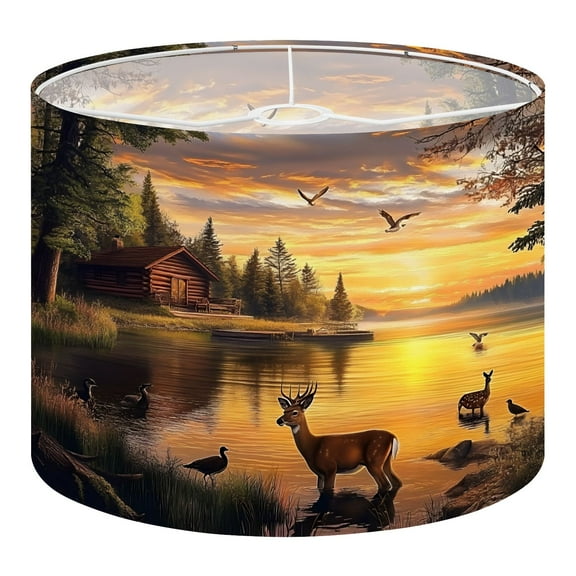 Linen Drum Lampshades Animal Deer Vintage Wildlife Rustic Lake Cabin Sunset Sky Trees 13"x13"x10" Light Shade for Table Lamps Floor Lamps Drum Lamp Shades Lampshade Replacement Assembly Required