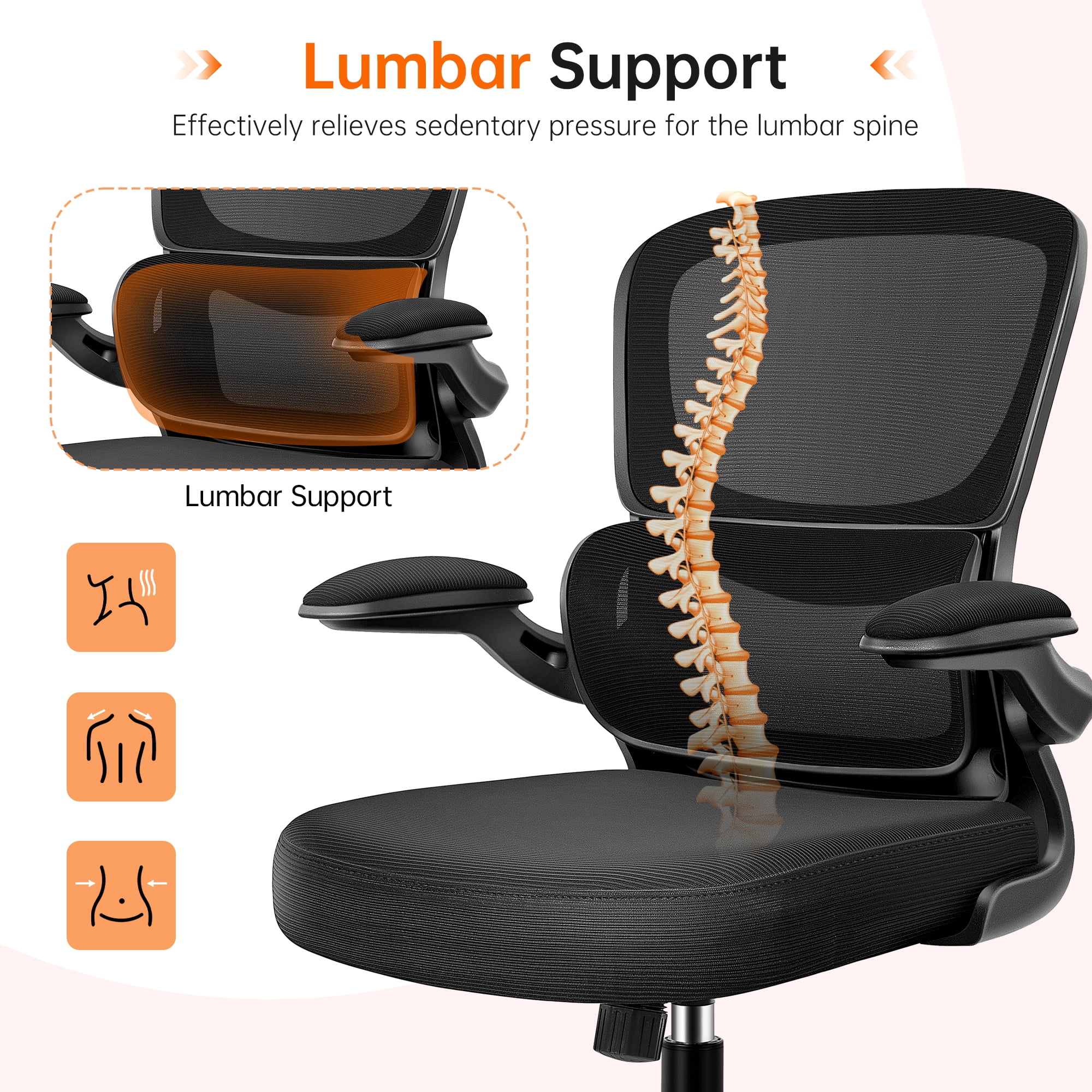 COOLHUT Office Chair, Ergonomic Desk Chair with Lumbar Support and Adjustable Armrests, Breathable Mesh Computer Gaming Chair, Reclining Task Chair for Home Office, Black