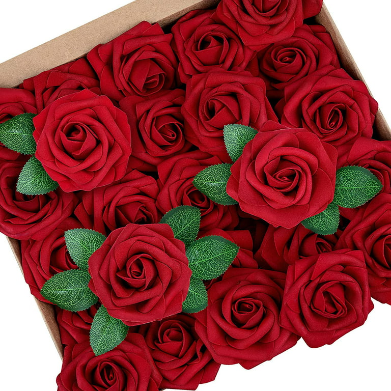 Mocoosy 50pcs Red Roses Artificial Flowers, Dark Red Fake Roses Real Looking Foam Rose Bulk with Stem for DIY Wedding Bouquets Centerpieces Floral