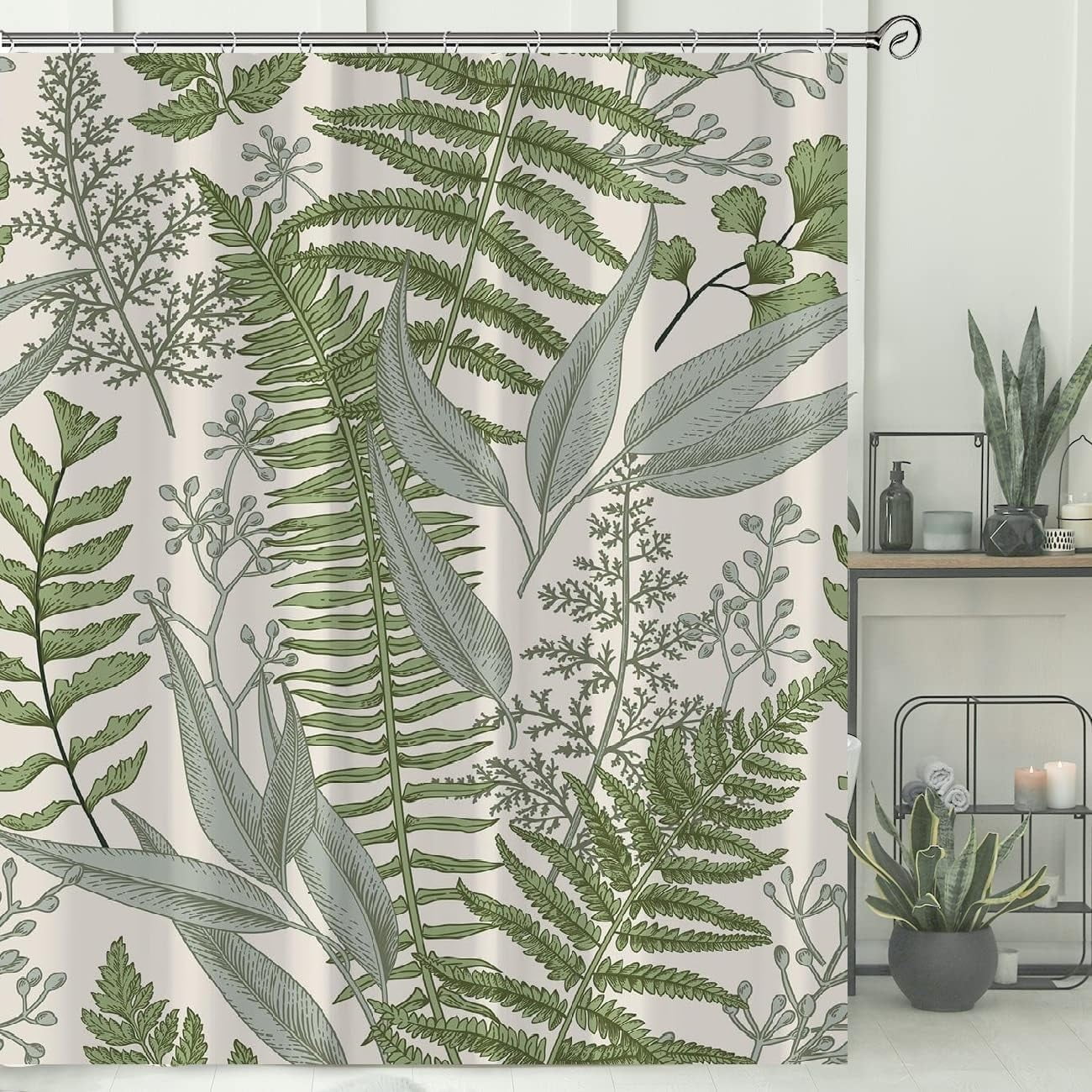 Extra Long Sage Green Leaves Shower Curtain, Tall Plant Bathroom Shower Curtains, Waterproof Fabric Botanical Shower Curtain, 72 x 84 Inch