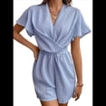 thumbnail image 3 of Mono con Cuello en V y Volantes para Mujer, Liso, Corta, Tirantes en la Espalda, Pantalones Cortos Casuales Holgados. Azul L, 3 of 9