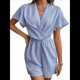 thumbnail image 3 of Mono con Cuello en V y Volantes para Mujer, Liso, Corta, Tirantes en la Espalda, Pantalones Cortos Casuales Holgados. Azul S, 3 of 9