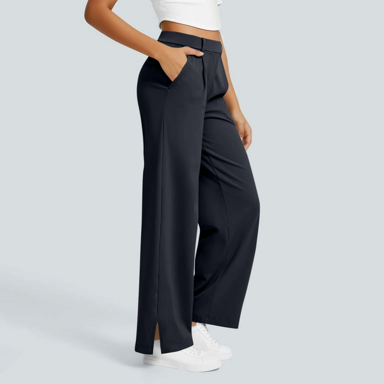 Xflwam Women's Dress Pants Stretchy Work Business Slacks Pants High Waisted Wide Leg Side Slit Casual Trousers with Pockets Navy Blue L