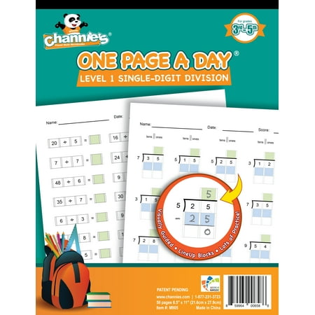Channie's One Page A Day Single Digit Division Workbook, 8.5 x 11 in, Multicolor, 33 Pages