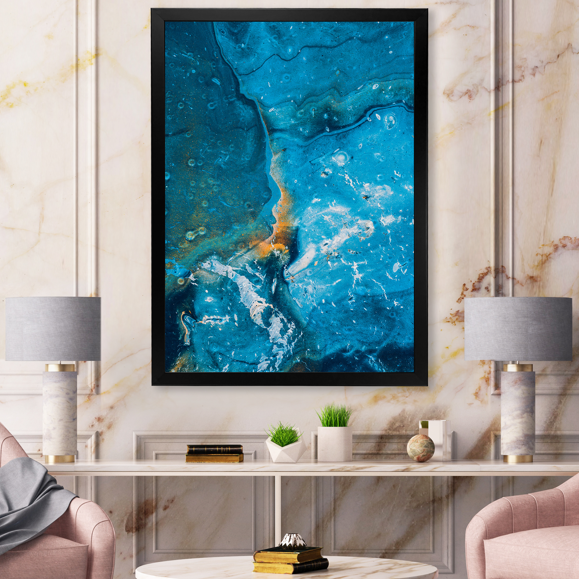 Designart 'Abstract Blue Marble Composition I' Modern Framed Art Print