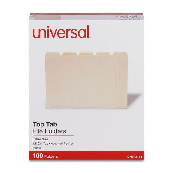Universal Top Tab Manila File Folders, 1/5-Cut Tabs: Assorted, Letter Size, 0.75" Expansion, Manila, 100/Box