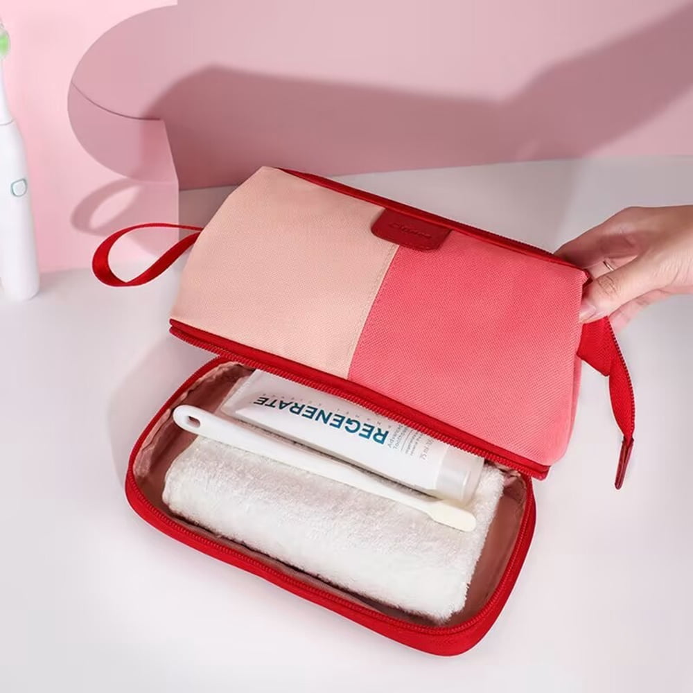 Waterproof Woman's Travel Toiletry Bag,Double Layer Makeup Cosmetic Organizer Pouch,Wet &Dry -Red