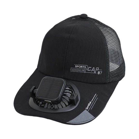 Solar Fan Baseball Cap, Black, Rechargeable Semi Mesh Sun Hat with Cooling Fan, Breathable Outdoor Cap for Men Women, Fishing, Hiking