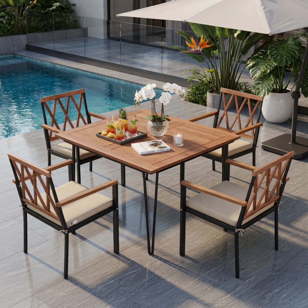 Hommoo 2-Pack Modern Outdoor Dining Chairs with Removable Cushions, Metal Frame & Acacia Wood Backrest – 18" Seat Width, Black & Natural