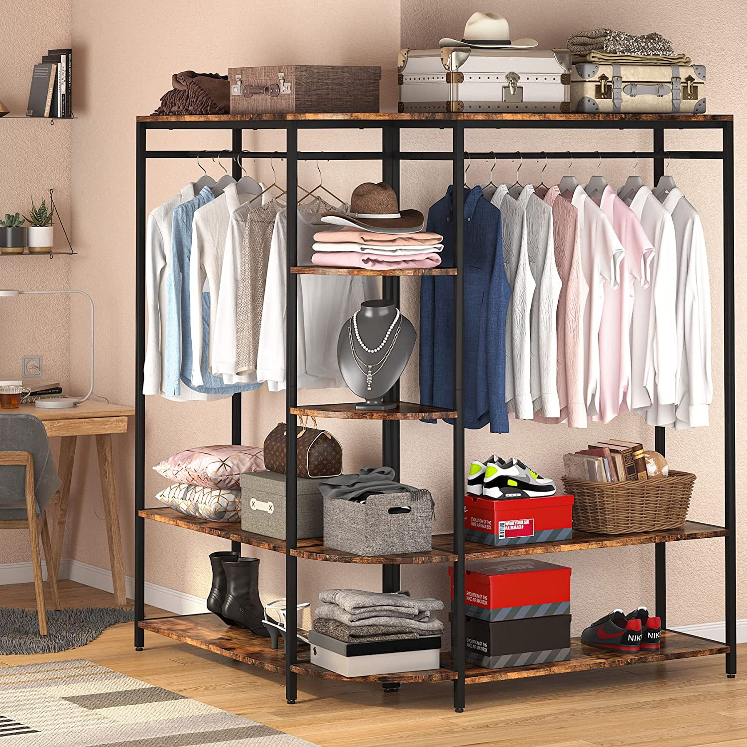 Tribesigns L Shape Clothes Rack, Corner Garment Rack with Storage Shelves  and Hanging Rods, Space-Saving Large Open Wardrobe Closet