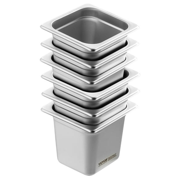 Stainless Steel Catering Pans 6-Pack, 1/6 Size 6-Inch Deep Steam Table Pans for Restaurant Use