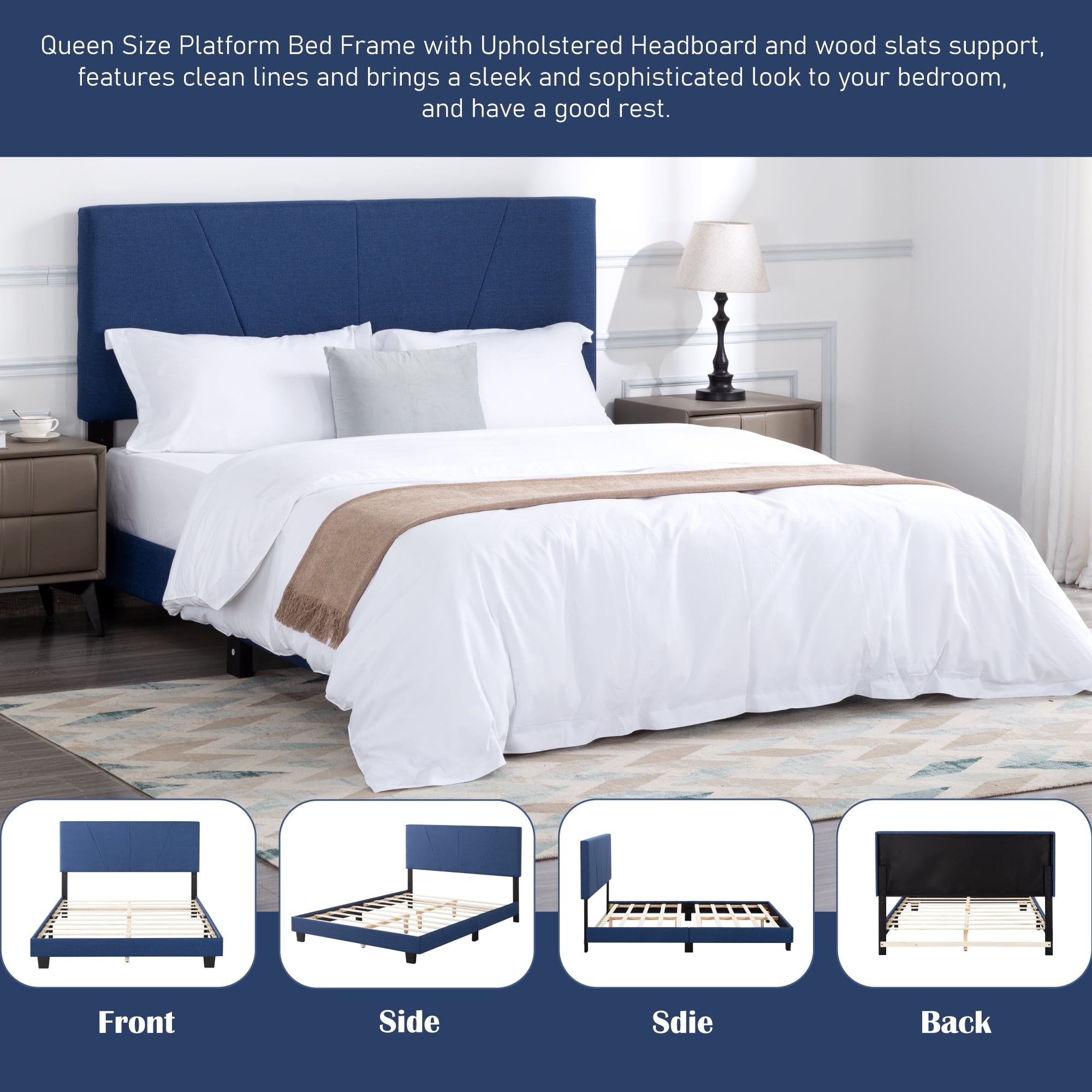 Gewnee Queen Size Platform Bed with Headboard,Fabric Upholstered Bed Frame,Strong Wood Slats Support,Easy Assembly,No Box Spring Needed (Navy Blue)
