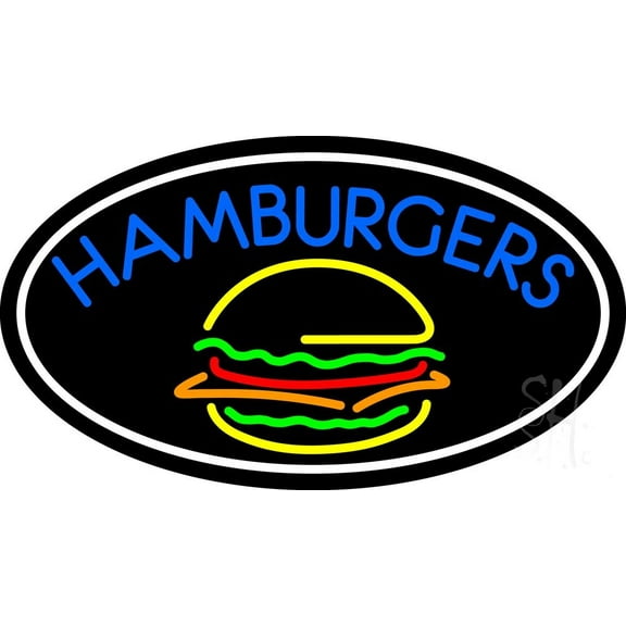 Blue Hamburgers Oval LED Neon Sign 13 x 24 - inches, Clear Edge Cut Acrylic Backing, with Dimmer - Bright and Premium built indoor LED Neon Sign for restaurant window and interior decor.