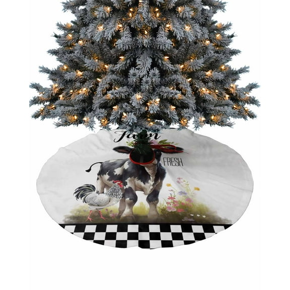 Farm Cow Christmas Tree Skirt 36 Inches Large Christmas Skirt Tree, Black and White Plaid Spring Floral Tree Skirt Christmas Decorations for Fireplace Party Holidays Indoor Outdoor