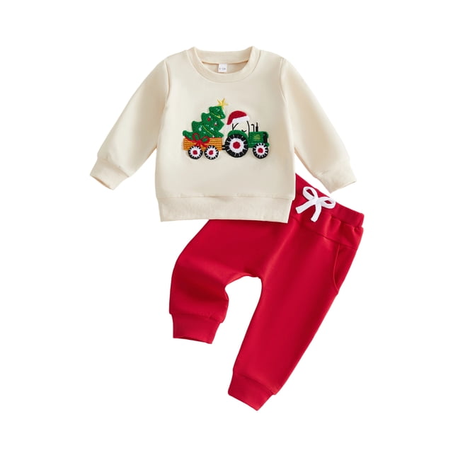 Conjunto navideño para bebé niño: sudaderas y pantalones con cuello redondo y bordados adorables.