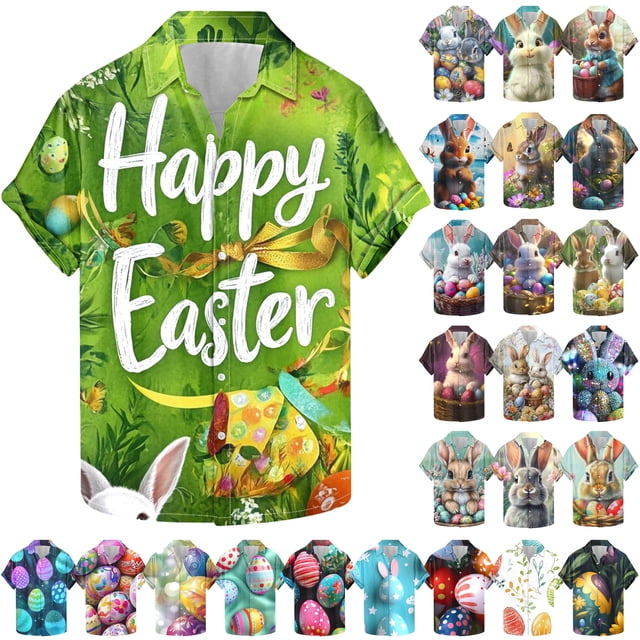 VBTAPA Mens Spring Shirts Happy Easter Day Rabbit Eggs Print Button Down Shirt Short Sleeve Hawaiian Beach Party Tops Lightning Sales of The Day Multicolor XXXXXL