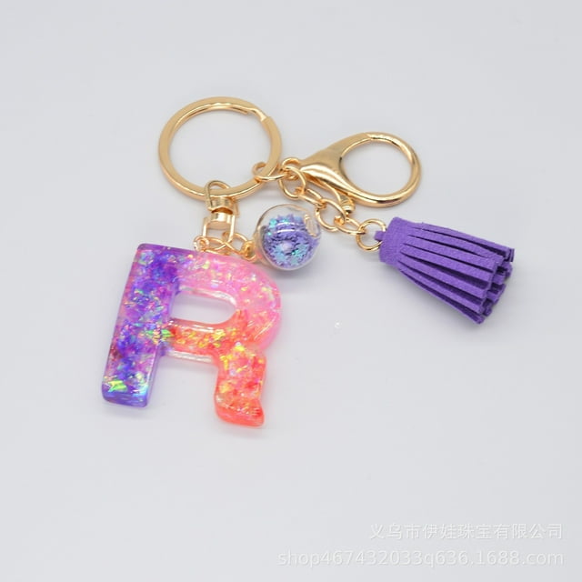 Hangs 2 Resin Glittering Letter Keychain with Color Stitching Flowing Design Purple Drop Glue English Character Key Chain for Daily Use
