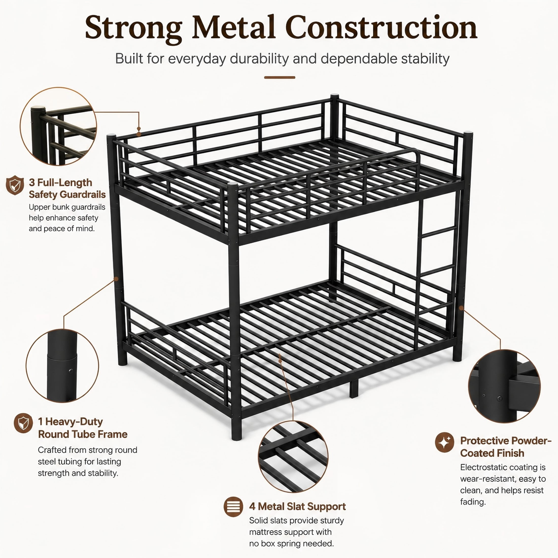 Aukfa Full over Full Metal Bunk Bed, Converts into Two Full Beds, Round Tube Construction & No Box Spring Needed, Black