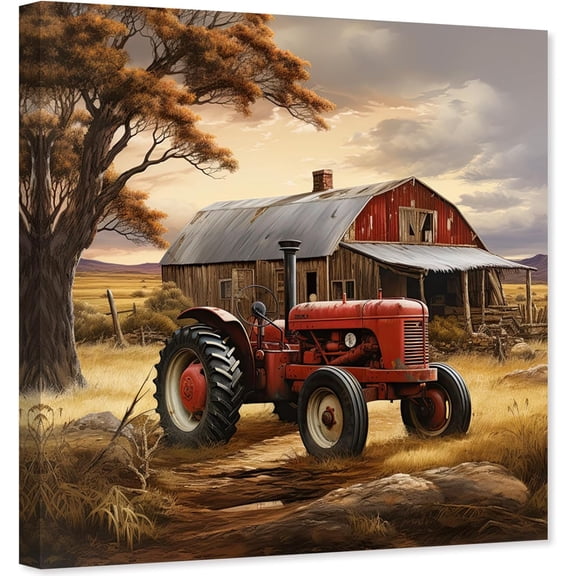 ZHONGYUTONG Old Barn Canvas Rustic Wall Art Farm Red Tractor Picture Vintage Farmhouse Country Painting for Living Room Decor Framed (12.00" x 12.00")