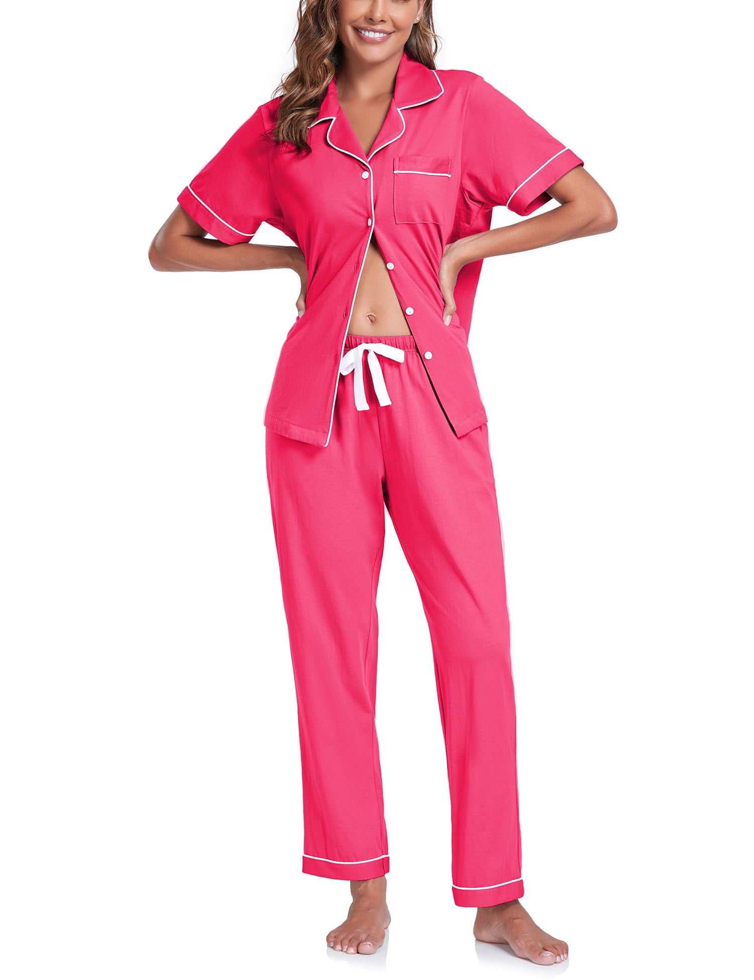 ANLIQI Women's Cotton Pajama Set - Short Sleeve Button-Up Top & Capri Pants, Soft Comfy Sleepwear, 2-Piece Lounge Set