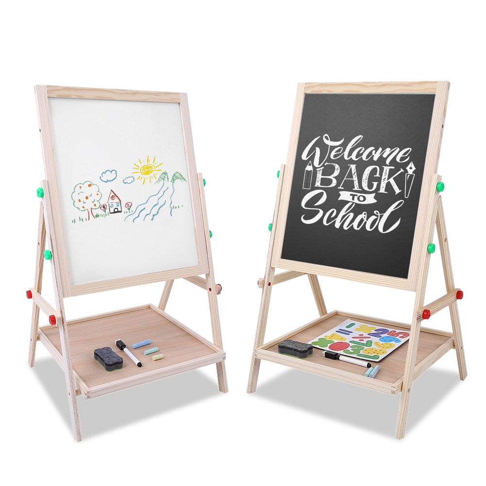 Fyydes Wooden Height Adjustable Kids Art Easel with Double Sided Drawing Board Chalkboard and Dry Erase White Board