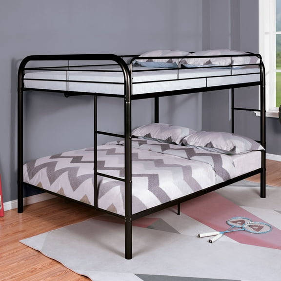 Bed Frame Full Over Full Metal Bunk Bed Contemporary Style With Angled Ladder, Black