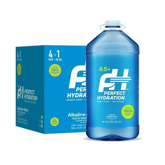 Perfect Hydration 9.5 pH Alkaline Drinking Water, Electrolyte Minerals for Taste, 1 Gallon (128 fl oz) Jug, Case of 4