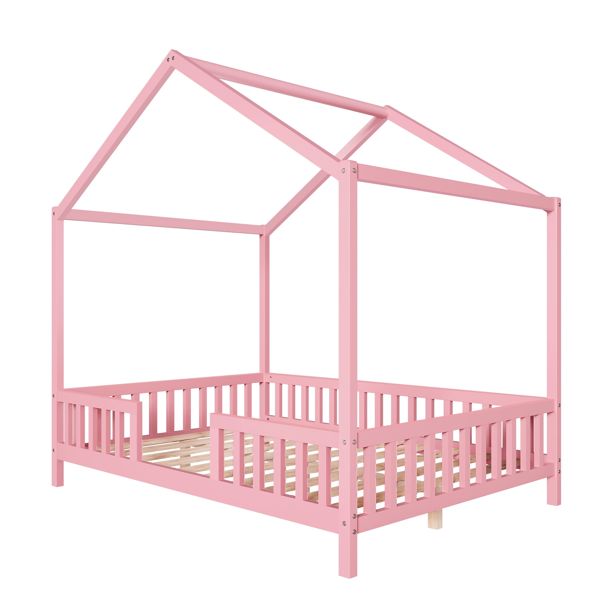 Homy Casa Montessori Full Size House Bed with Canopy, Pink Wooden Kids Bed Frame with Guardrails, Safe & Sturdy for Children