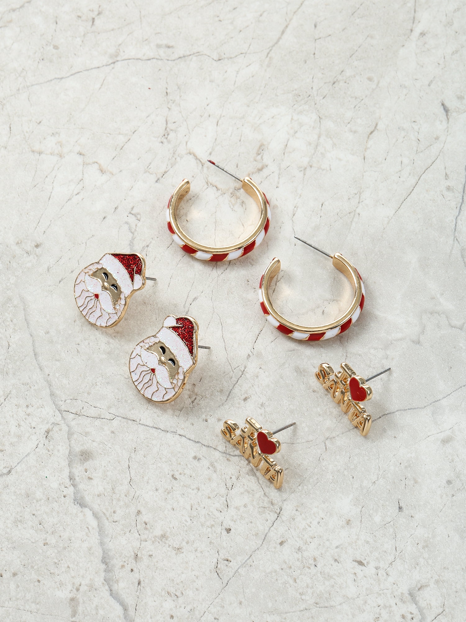 Holiday Time Santa and Candy Cane Earring Set, 3 Pairs