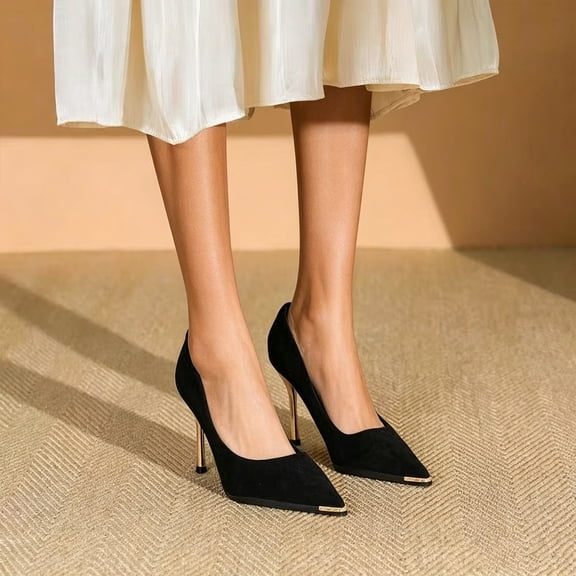 Viluyesy Women's Stiletto Heels Suede Pointed Toe Slip On Dress Pumps Elegant Comfortable Formal Work Party Shoes Black Size 7