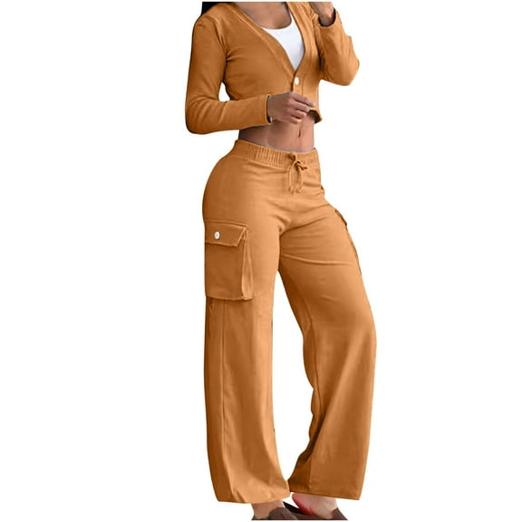 Womens 2 Piece Outfits Pant Sets Long Sleeve One-Button Open Front Crop Jacket Top and Wide Leg Cargo Sweatpants (L, Yellow)