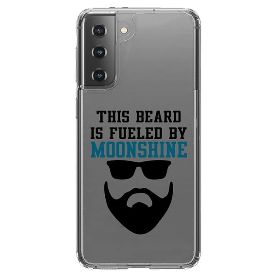 DistinctInk Clear Shockproof Hybrid Case for Galaxy S21 5G (6.2" Screen) - TPU Bumper Acrylic Back Tempered Glass Screen Protector - This Beard is Fueled by Moonshine