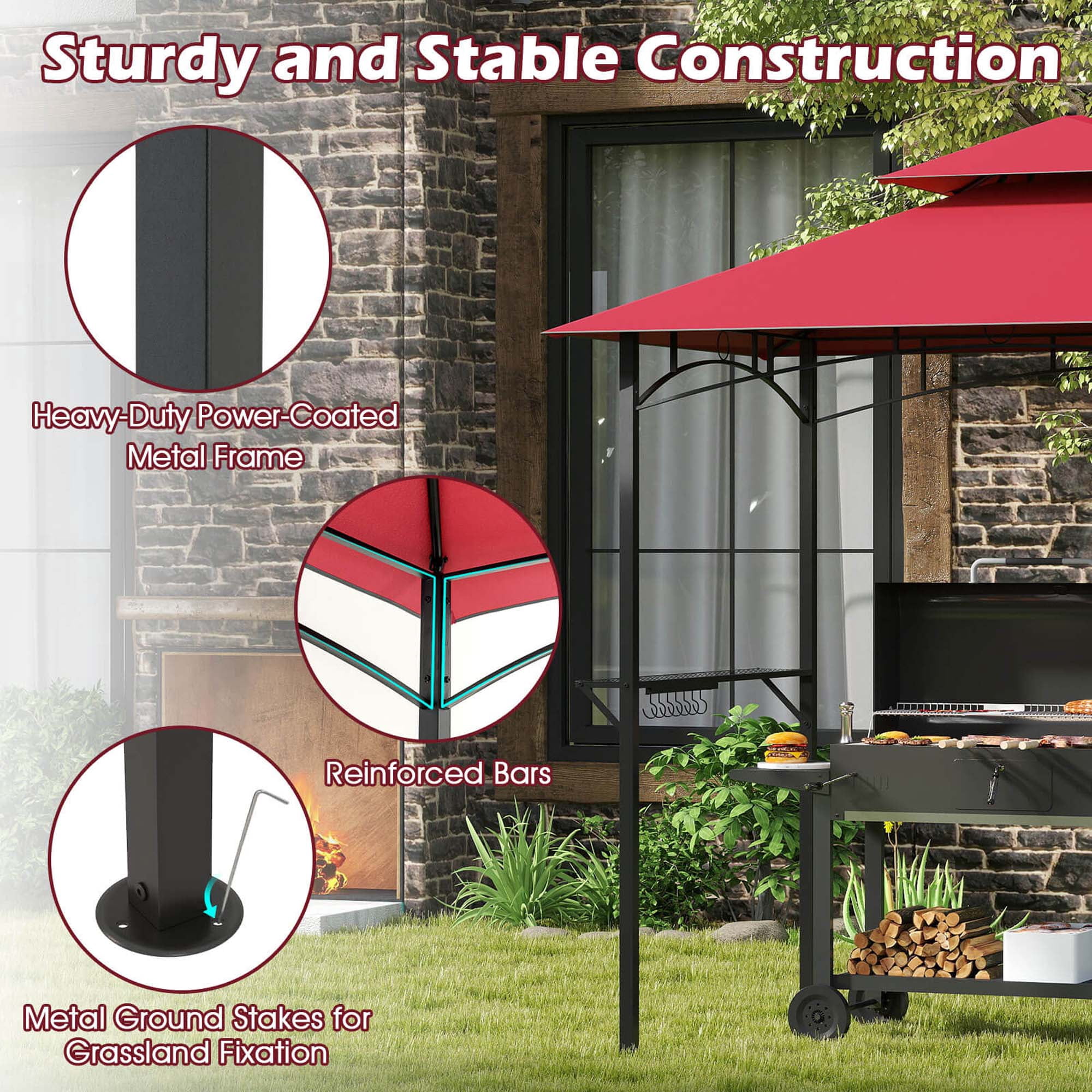 Costway 8' x 5' Grill Gazebo with 2 Shelves 7 Hooks Metal Frame Soft Top Wine