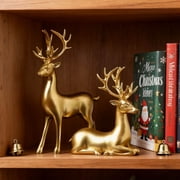 2PCS Reindeer Christmas Decor, Standing Sitting Deer Figurines, Small Reindeer Christmas Table Decorations, Indoor Xmas Table Decor for Home Holiday Desktop Bookshelf Office(Gold)