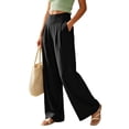 thumbnail image 6 of Women Pants Dqueduo Women's Casual Solid Color Pleated Elastic Waist Pocketed Linen-Look Straight Leg Pants, 8 Colors Black M, 6 of 9