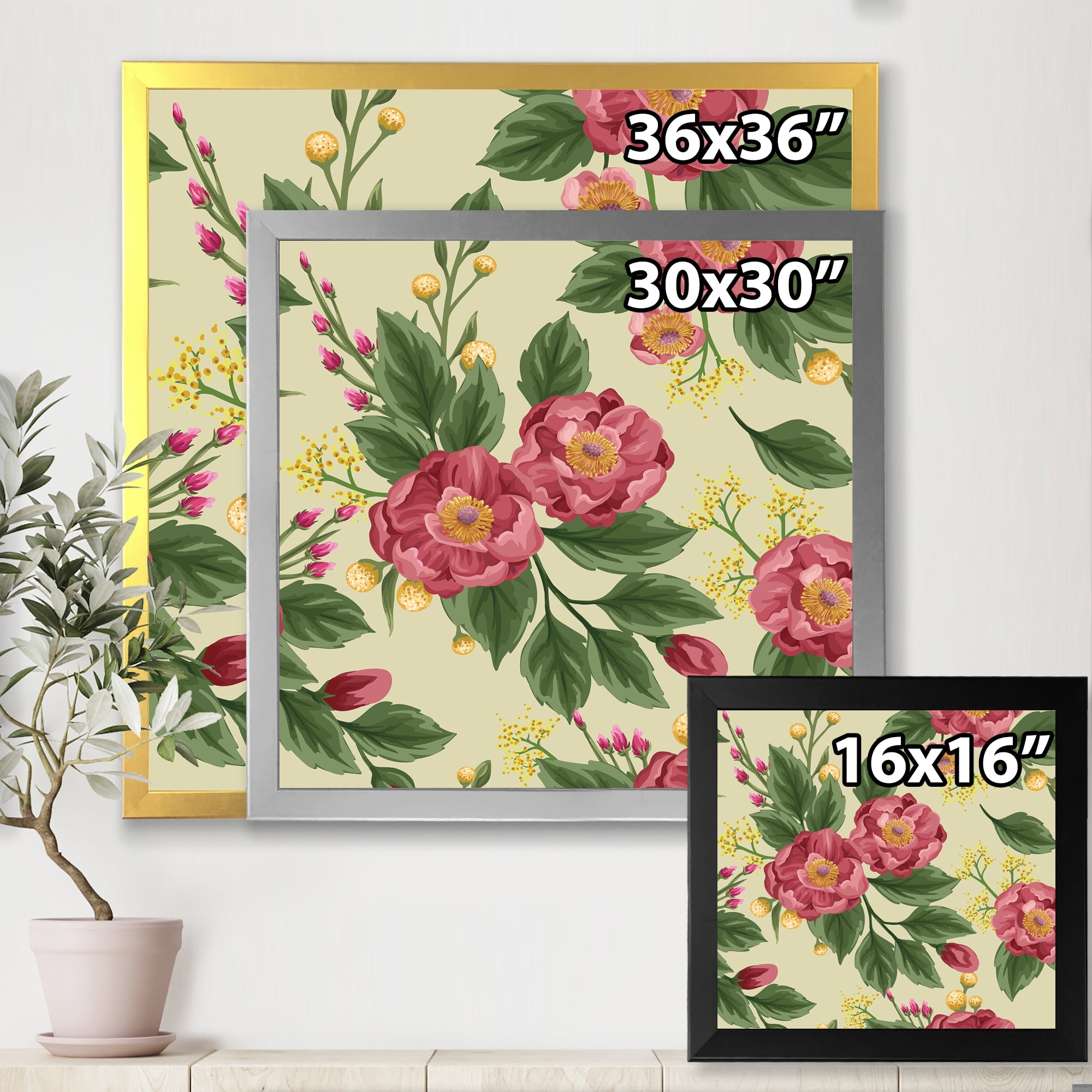 Designart 'Vintage Sweet Peas and Peonies On Beige' Traditional Framed Art Print