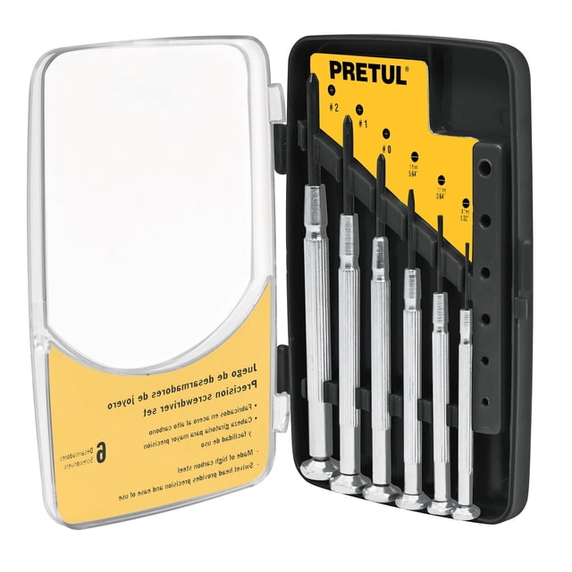juego con desarmadores metálicos de precisión , 6pzas, pretul Juego de 6 desarmadores en estuche plástico negro con tapa translúcida; mangos de acero cromado, puntas de acero alto carbono con acabado pavonado y cabeza giratoria para precisión; incluye planos 0.7 mm, 1.1 mm, 1.9 mm y Phillips #0, #1, #2.