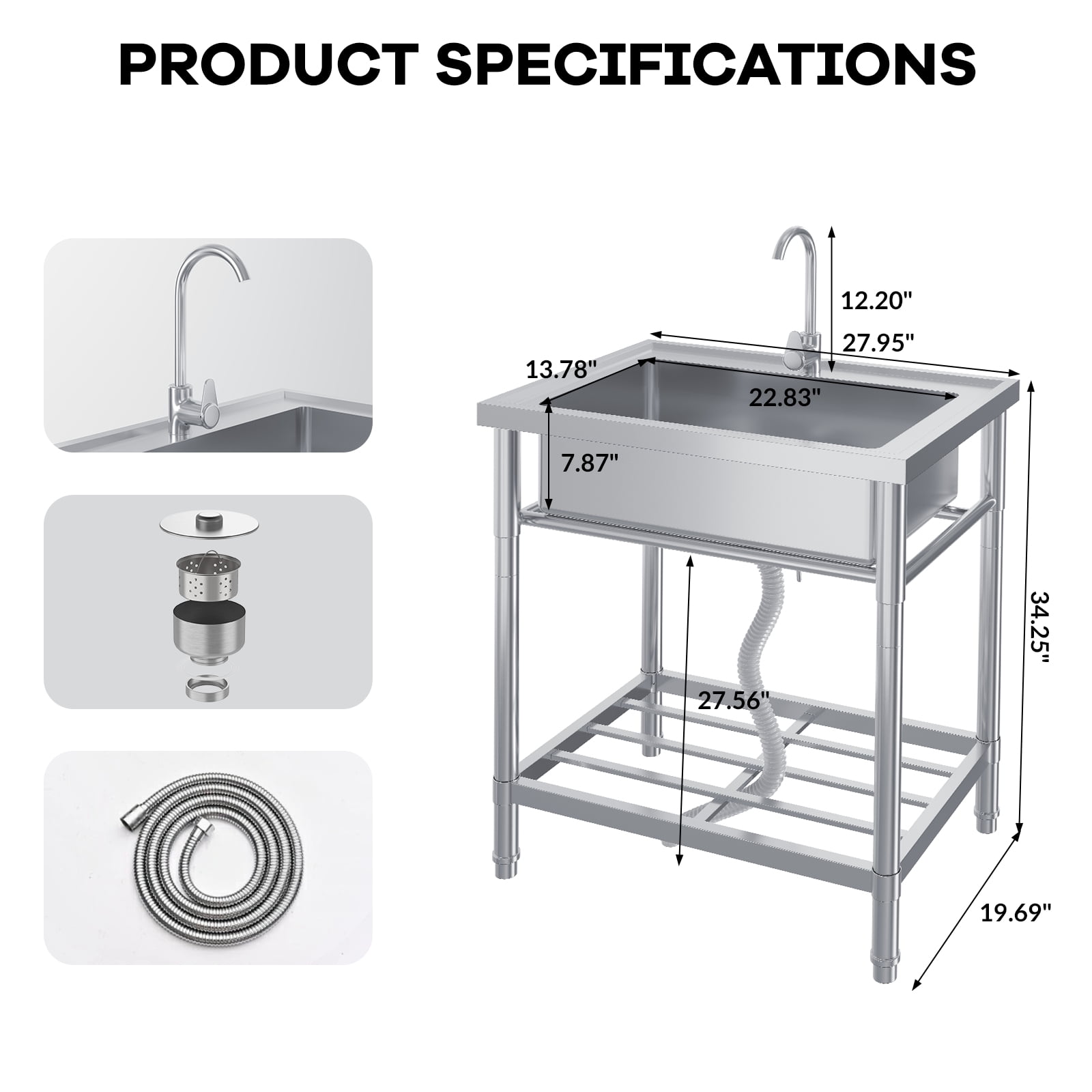 Stainless Steel Utility Sink, 28 Inch Single Bowl Free Standing Sink with Faucet & Hot & Cold Water Plumbing for Laundry Room, Kitchen, Garage, Workshop, Outdoor Use, Deep Basin, Heavy-Duty