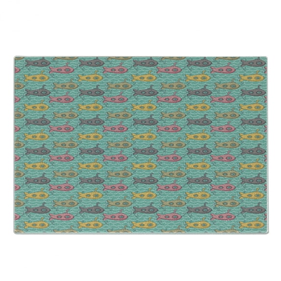 Submarine Cutting Board, Colorful Cartoon Submarines Under the Sea Nautical Fun Pattern Composition, Decorative Tempered Glass Cutting and Serving Board, Small Size, Multicolor, by Ambesonne