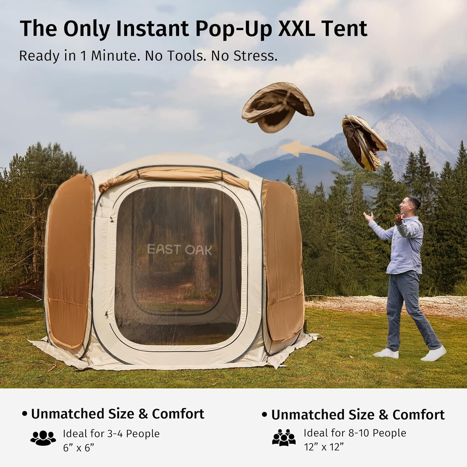 East Oak 12×12 FT 10 Person Family Canopy Tent Outdoor Screen House for Camping Beige