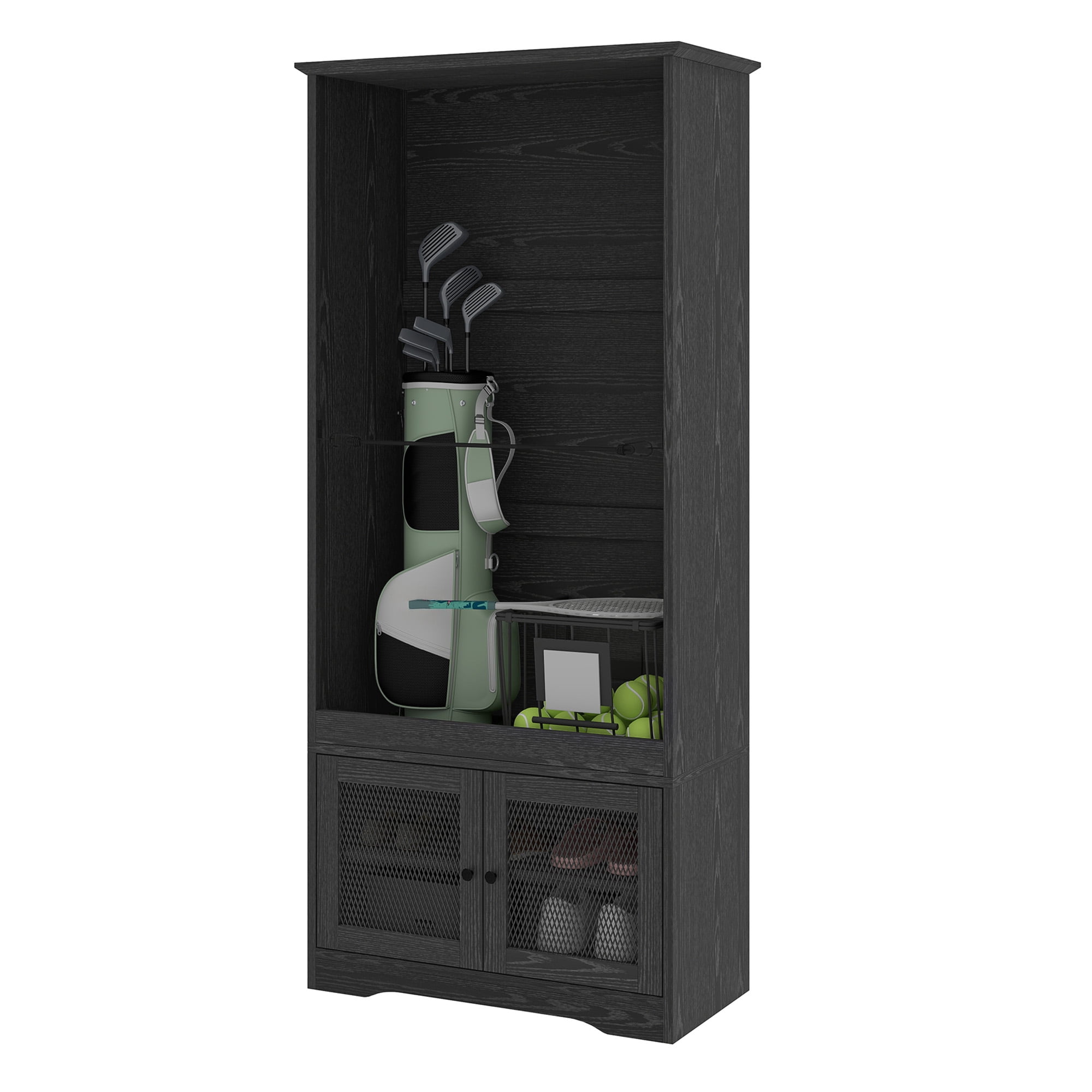 Uforic Golf Storage Cabinet with Wooden Organizer Rack and Golf Bag Stand - Matte Black
