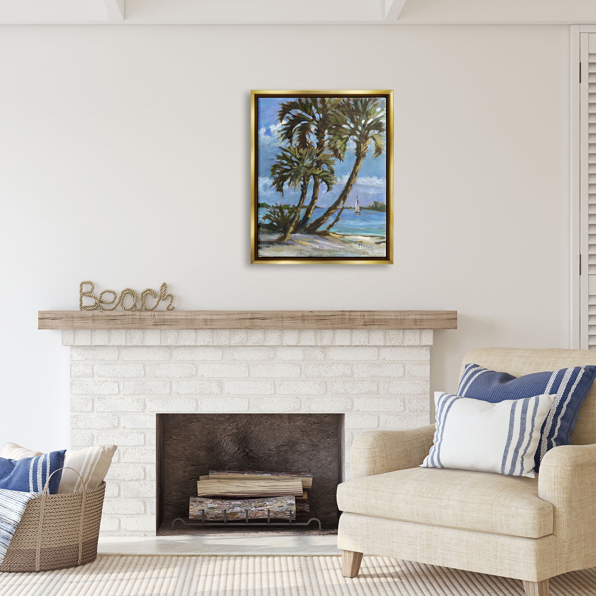 Stupell Industries Sailboat Tropical Shore Transportation Painting Gold Floater Framed Art Print Wall Art, 25 x 31