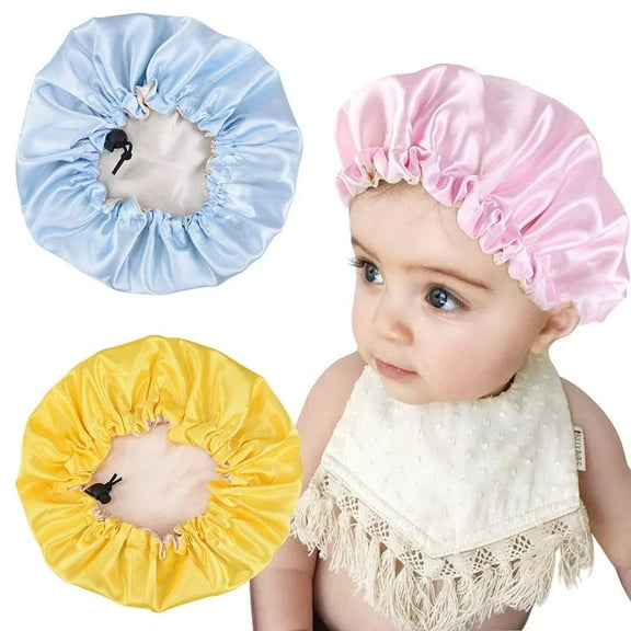 LNGOOR 3 Pieces Three Colors Kids Night Sleep Caps, Adjustable Sleeping Hat Soft Silk Flower Night Hats for Natural Hair Teens Toddler Child Baby Reversible Double