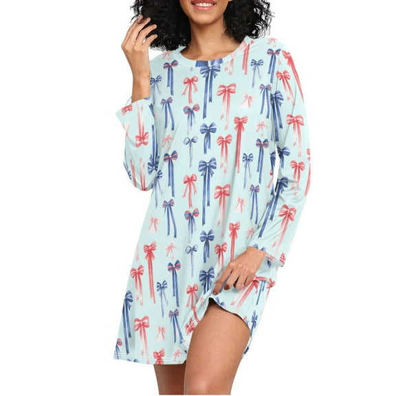 joogoo Red Bows Blue Women's Long Sleeve Nightgown Sleepwear L