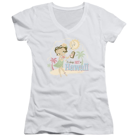 Betty Boop Hot In Hawaii Junior Women's T-Shirt V-Neck White
