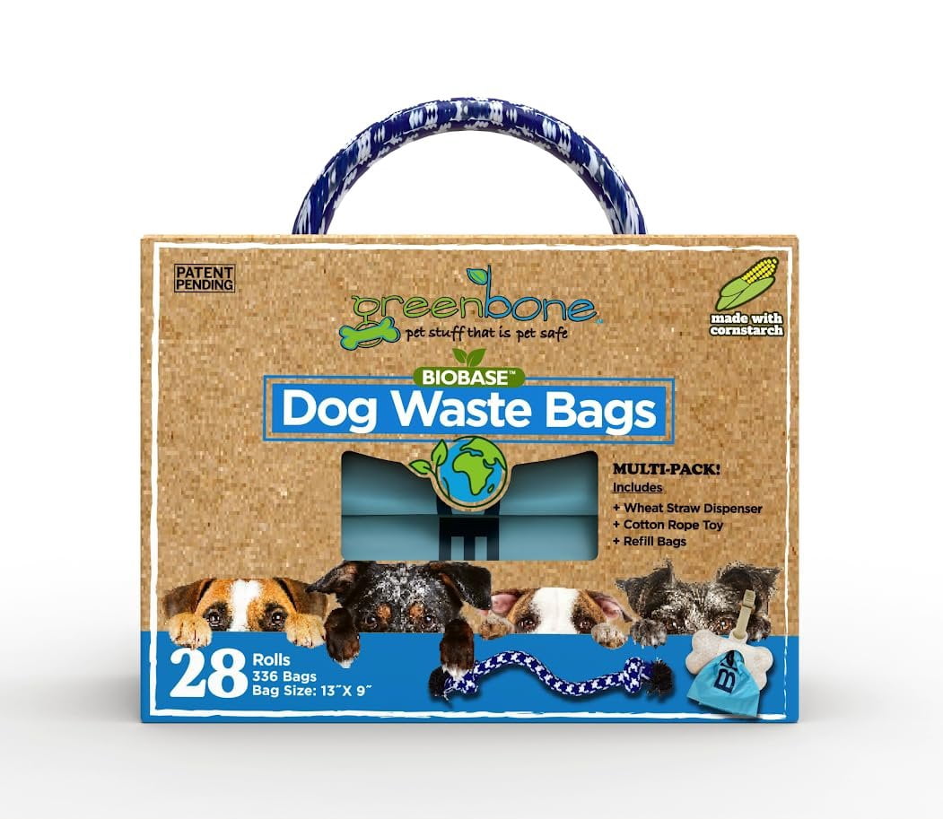 Greenbone Dog Gift set Blue Dog Poop Bag Refills for Dispenser:  includes Dispenser and Rope Toy Handle - 28 Rolls - 336 Bags