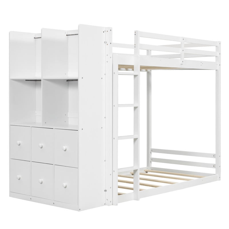 Twin Over Twin Bunk Bed with 6 Storage Drawers, 2-Tier Shelves & LED Light Strip, Reversible Wooden Bunk Bed Frame, Space-Saving Kids Bedroom Furniture