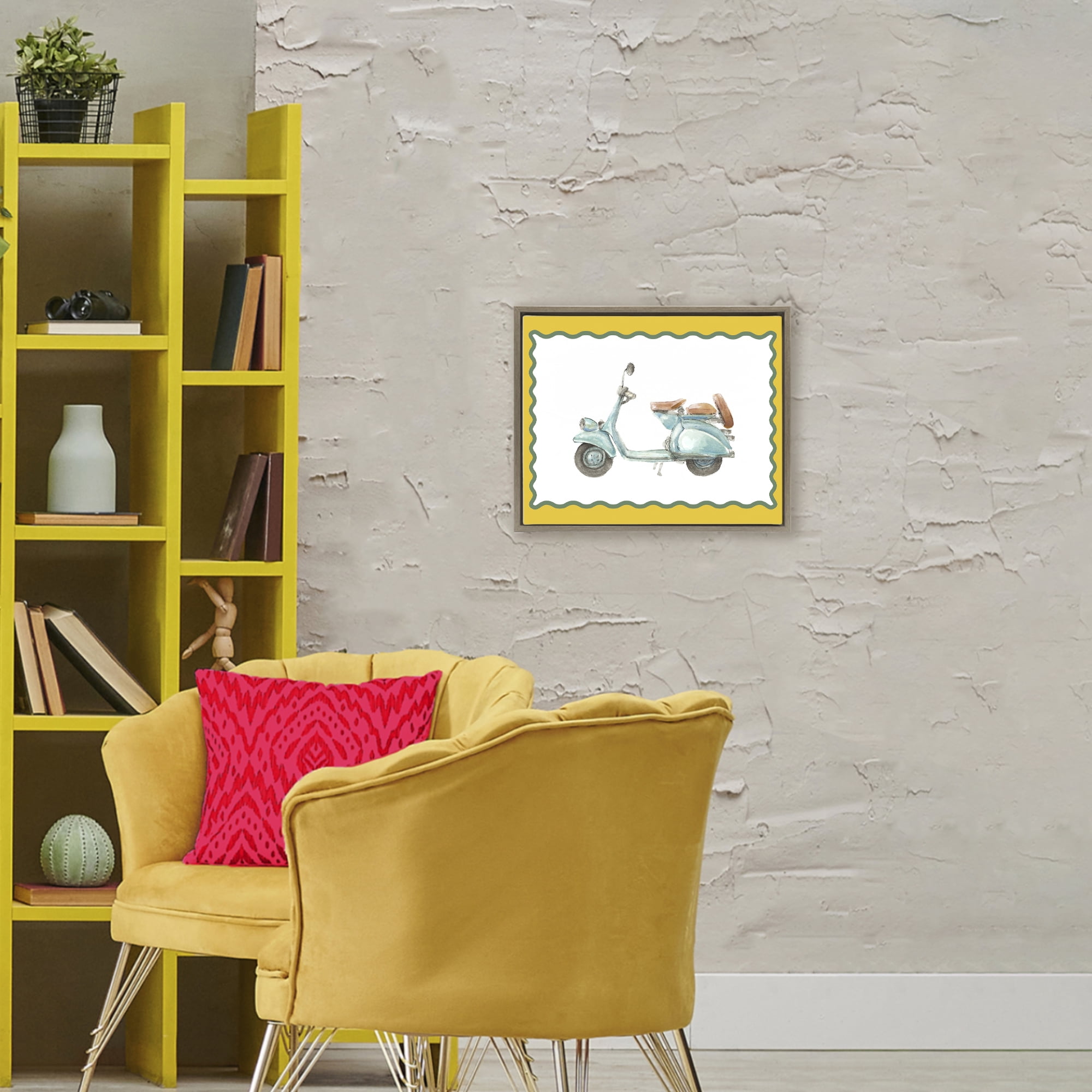 Stupell Industries Blue Vespa with Yellow Border Brown Framed Floater Canvas Wall Art, design by Lanie Loreth