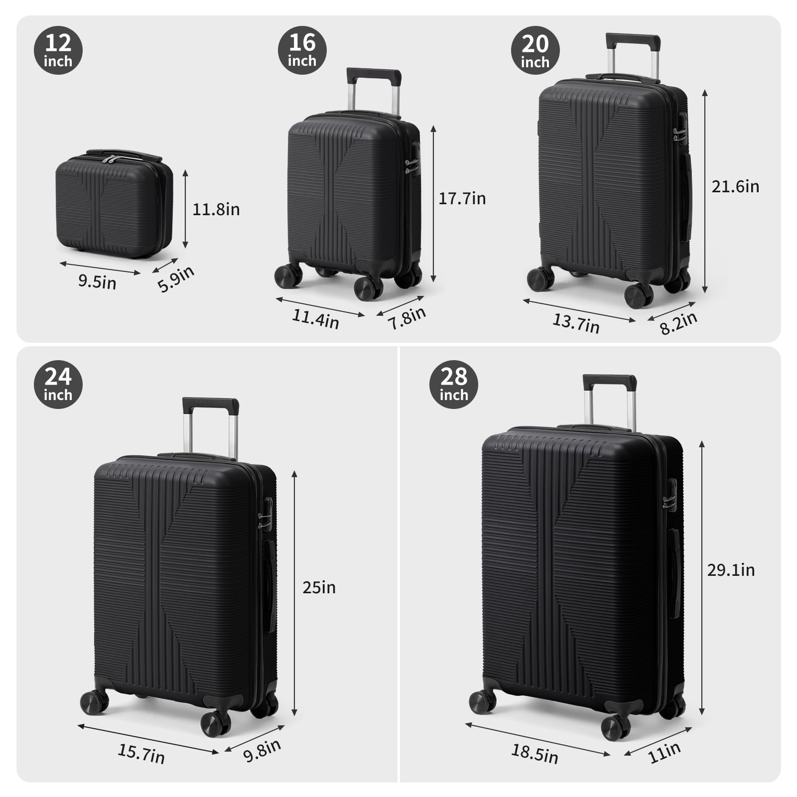Ktaxon Luggage Set Hardshell Lightweight PP Carry On Suitcase 360° Spinner Wheels Black